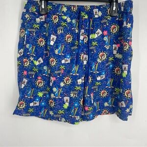 Bucees XL Graphic Swim Trunks Shorts Blue Tropical Palm Trees Surf Beach Resort
